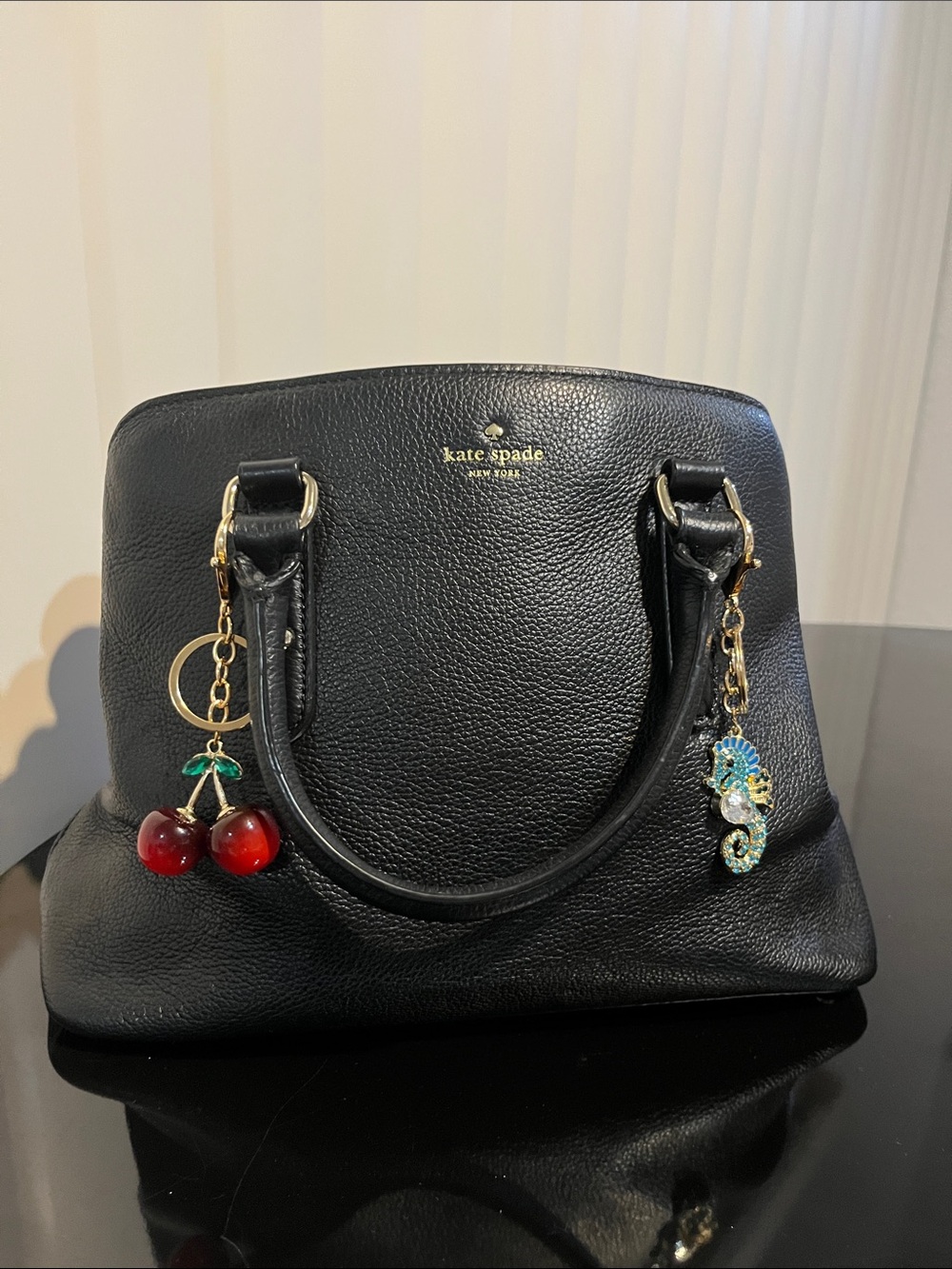 Kate Spade Black Pebble Leather Satchel with Charm Accents